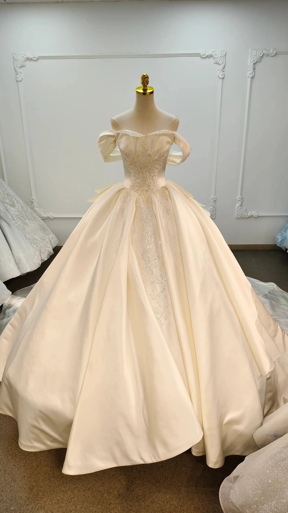 Ivory Lustre Off-Shoulder Ballgown Pearl-Embroidered Bodice & Cathedral Satin Train (ZD16789) - VelvetHem