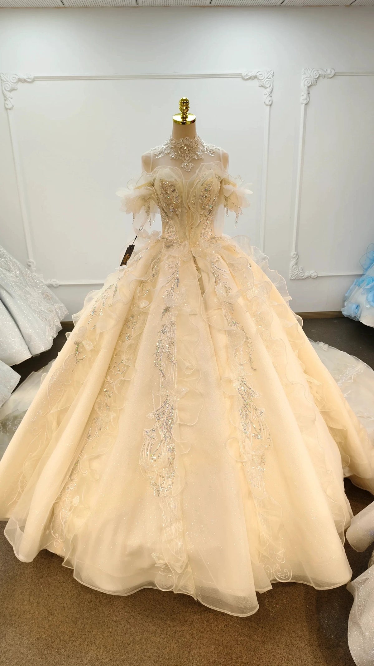 Cream Shimmer Off-Shoulder Ballgown Crystal-Embroidered Skirt & Fringed Collar (ZD16786) - VelvetHem
