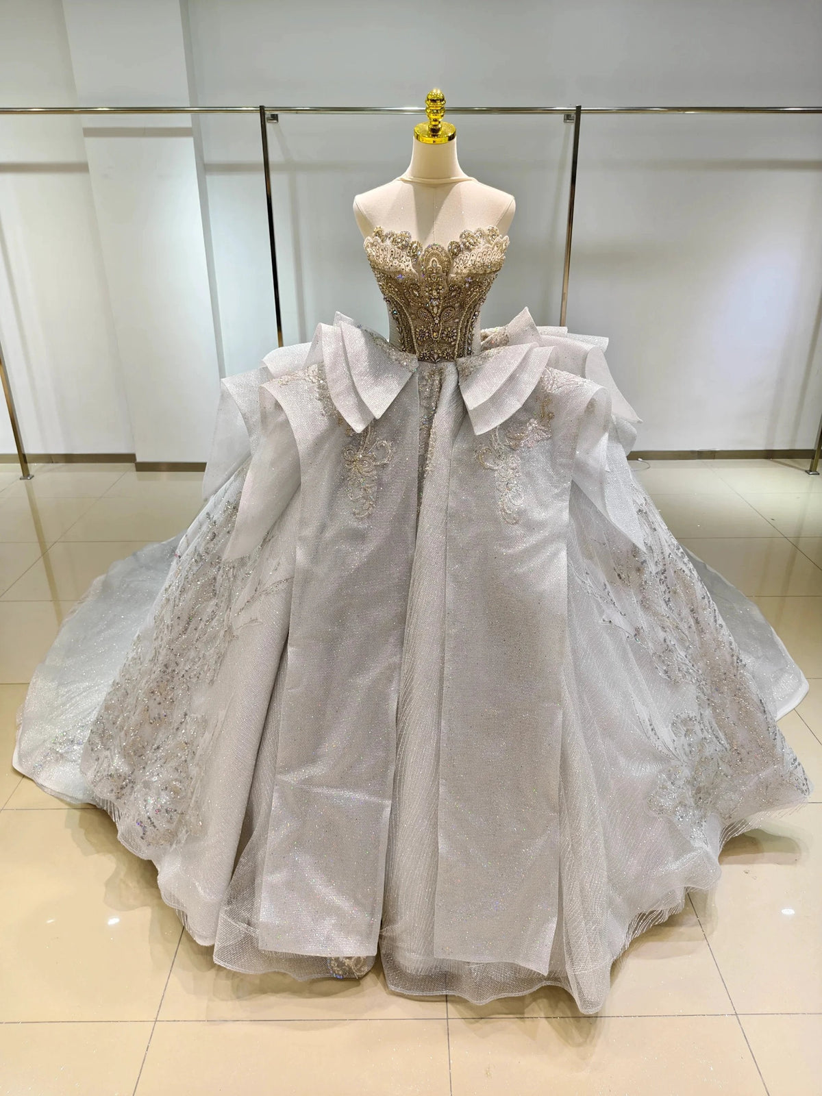 Silver Haze Strapless Ballgown: Gilded Beaded Bust & Ruffled Train (ZD16775) - VelvetHem