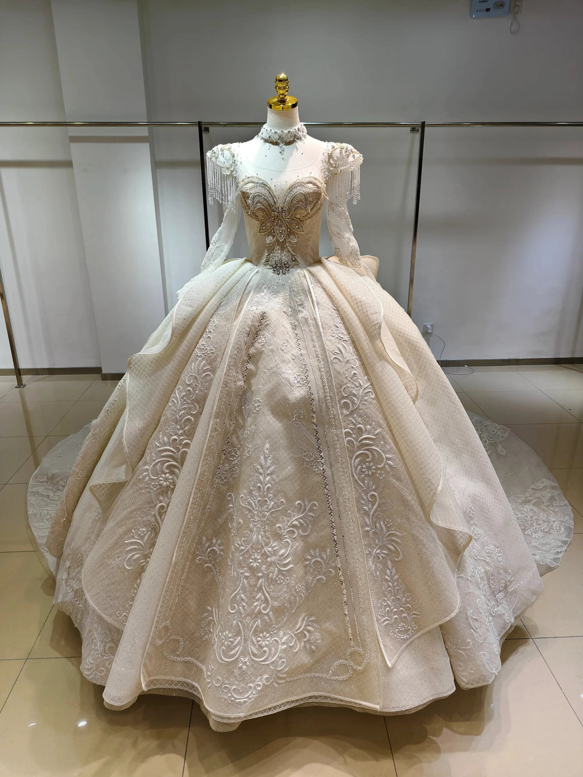 Ivory Gilded Butterfly Ballgown Crystal-Embroidered Bust & Fringed Collar by ZAPDRESS