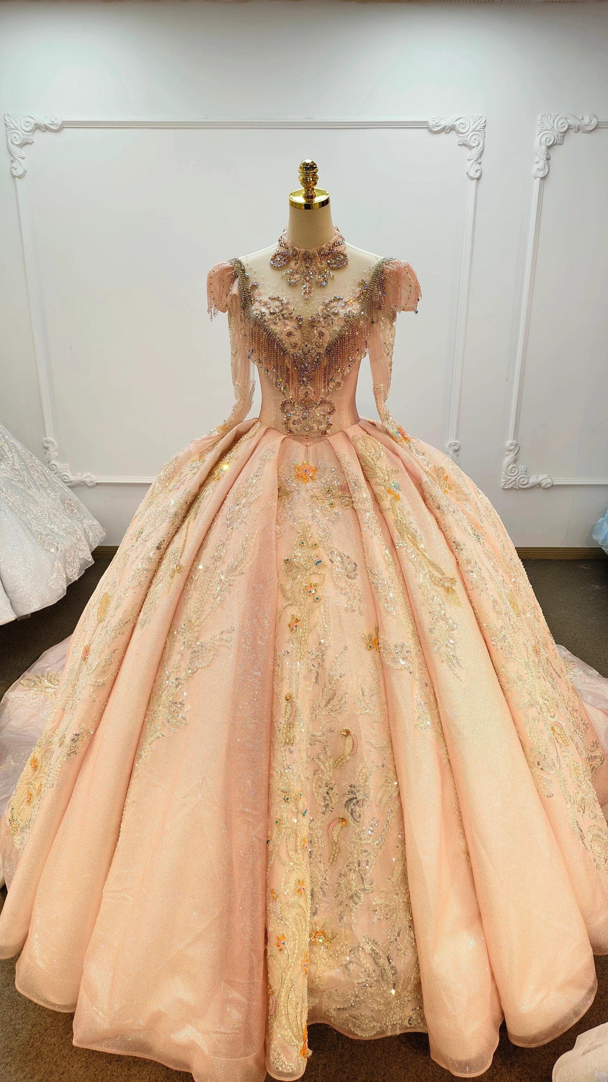 Lavish Blush Pink High-Neck Ball Gown Wedding Dress with Beaded Fringe & 3D Floral Embroidery Ye-2026 (ZD16807)
