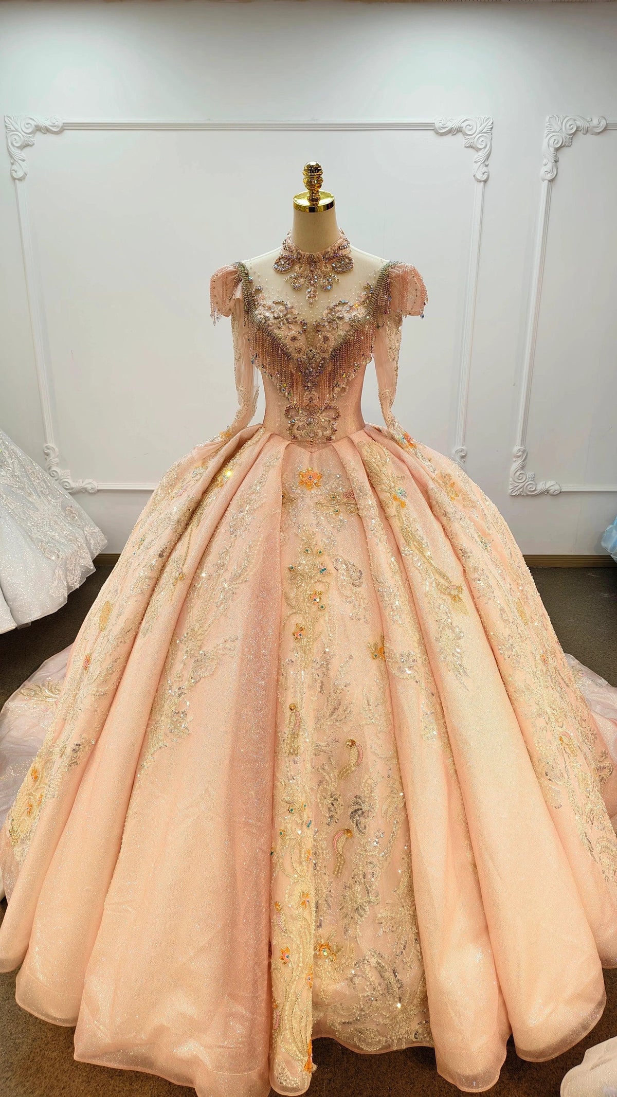 Lavish Blush Pink High-Neck Ball Gown Wedding Dress with Beaded Fringe & 3D Floral Embroidery Ye-2026 (ZD16807) - VelvetHem