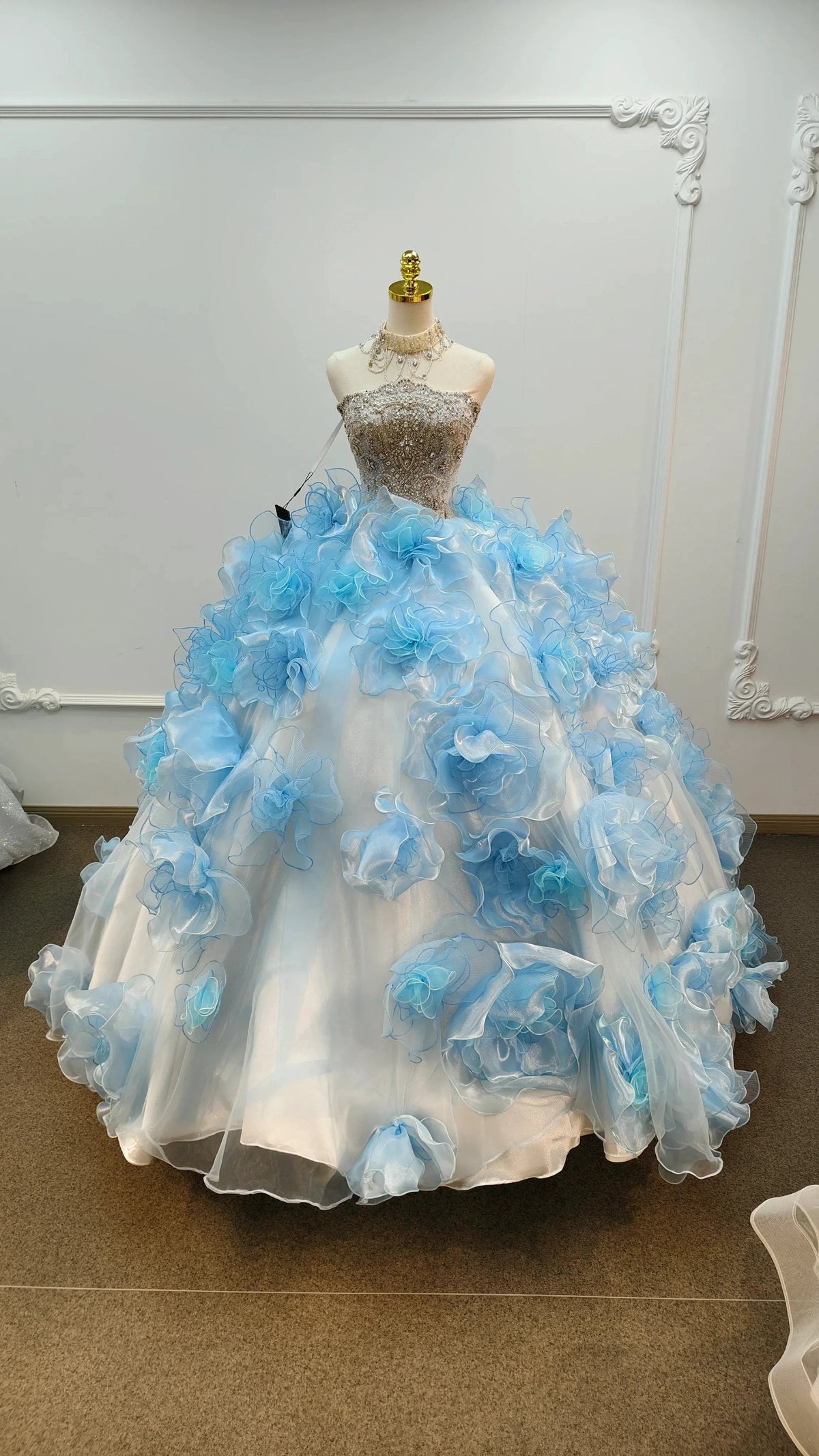 Enchanting Light Blue Strapless Ball Gown Wedding Dress with Crystal Beaded Bodice & 3D Organza Flowers Ye-2024 (ZD16805) - VelvetHem