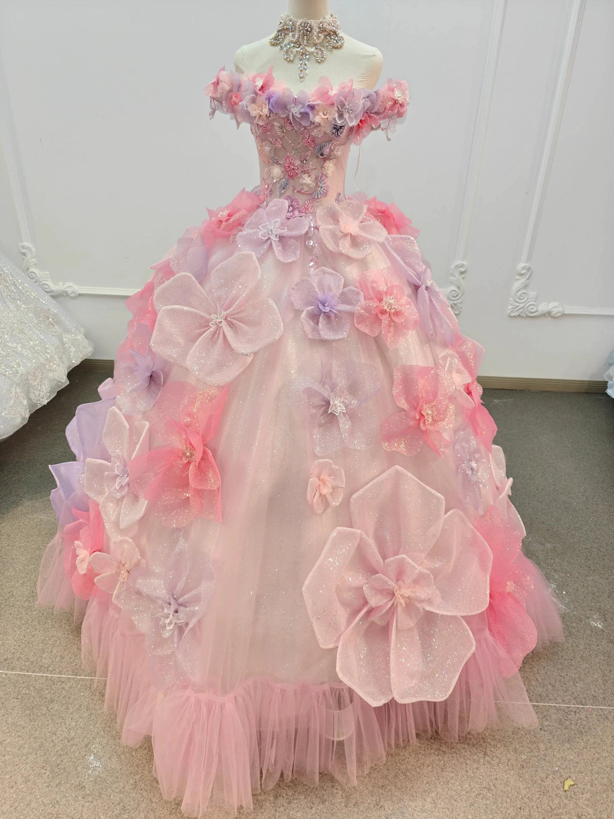 Enchanting Pastel Pink & Purple Off-the-Shoulder Ball Gown Wedding Dress with 3D Glitter Flowers & Crystal Collar Ye-2027 (ZD16808) - VelvetHem