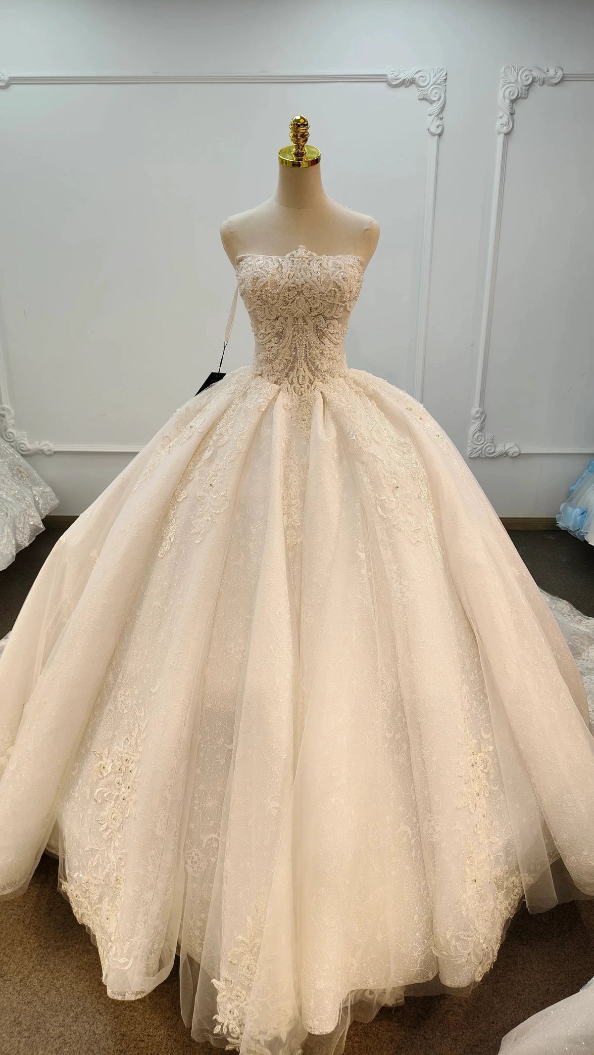 Opulent Strapless Ball Gown Wedding Dress with Pearl Beaded Lace, Sequin Tulle & Corset Lace-Up Back Ye-2030 (ZD16811) - VelvetHem
