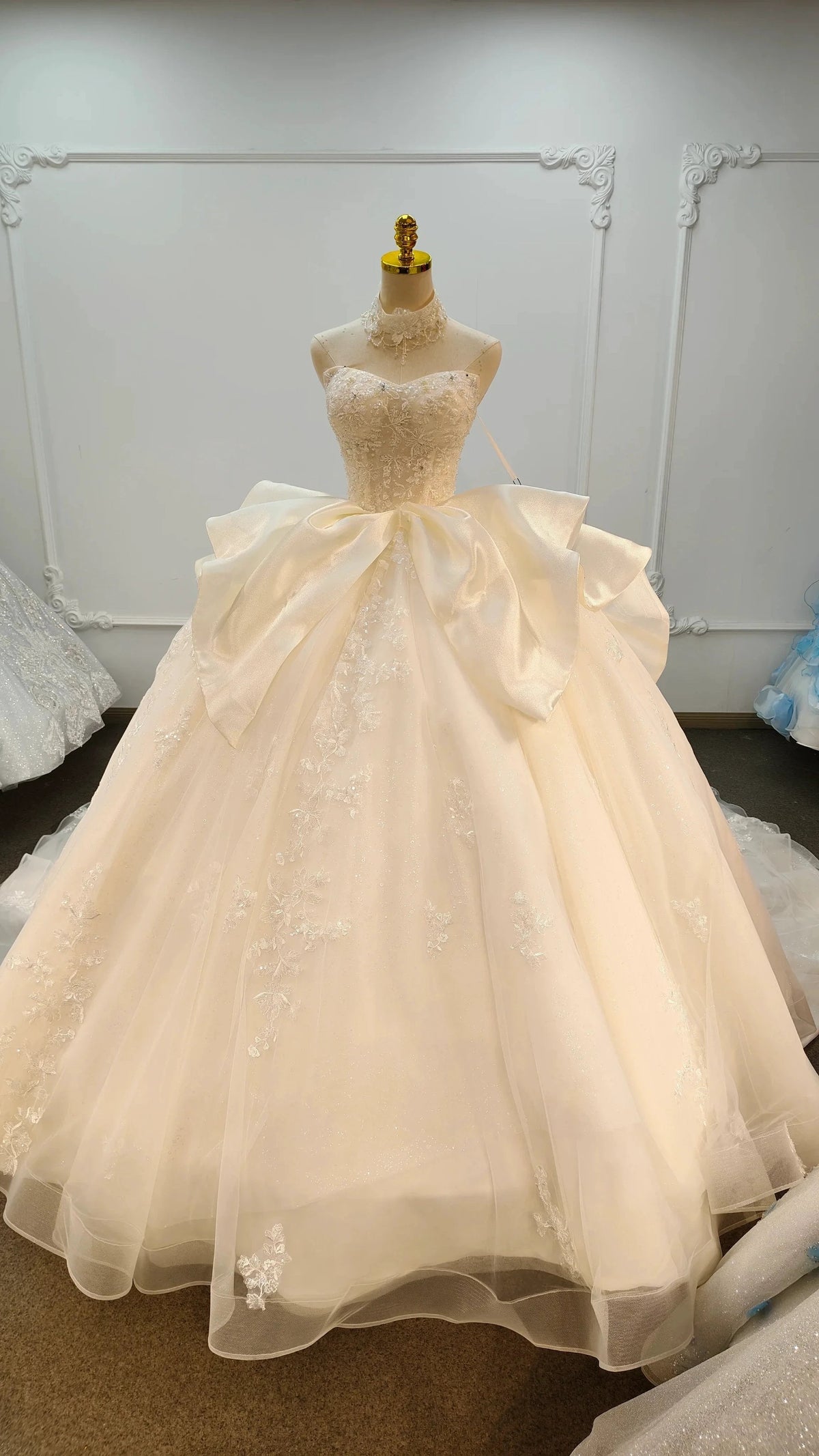 Ivory Lace Strapless Ballgown Choker Collar & Bow Skirt by ZAPDRESS