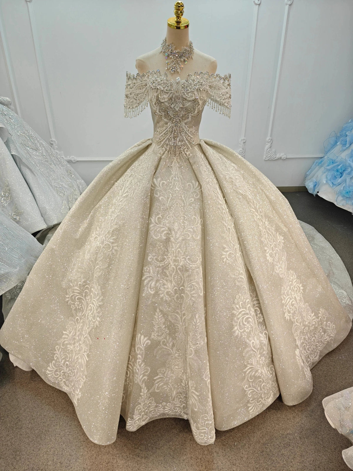 Champagne Glimmer Off-Shoulder Ballgown Crystal Fringe Bust & Embroidered Train (ZD16784) - VelvetHem