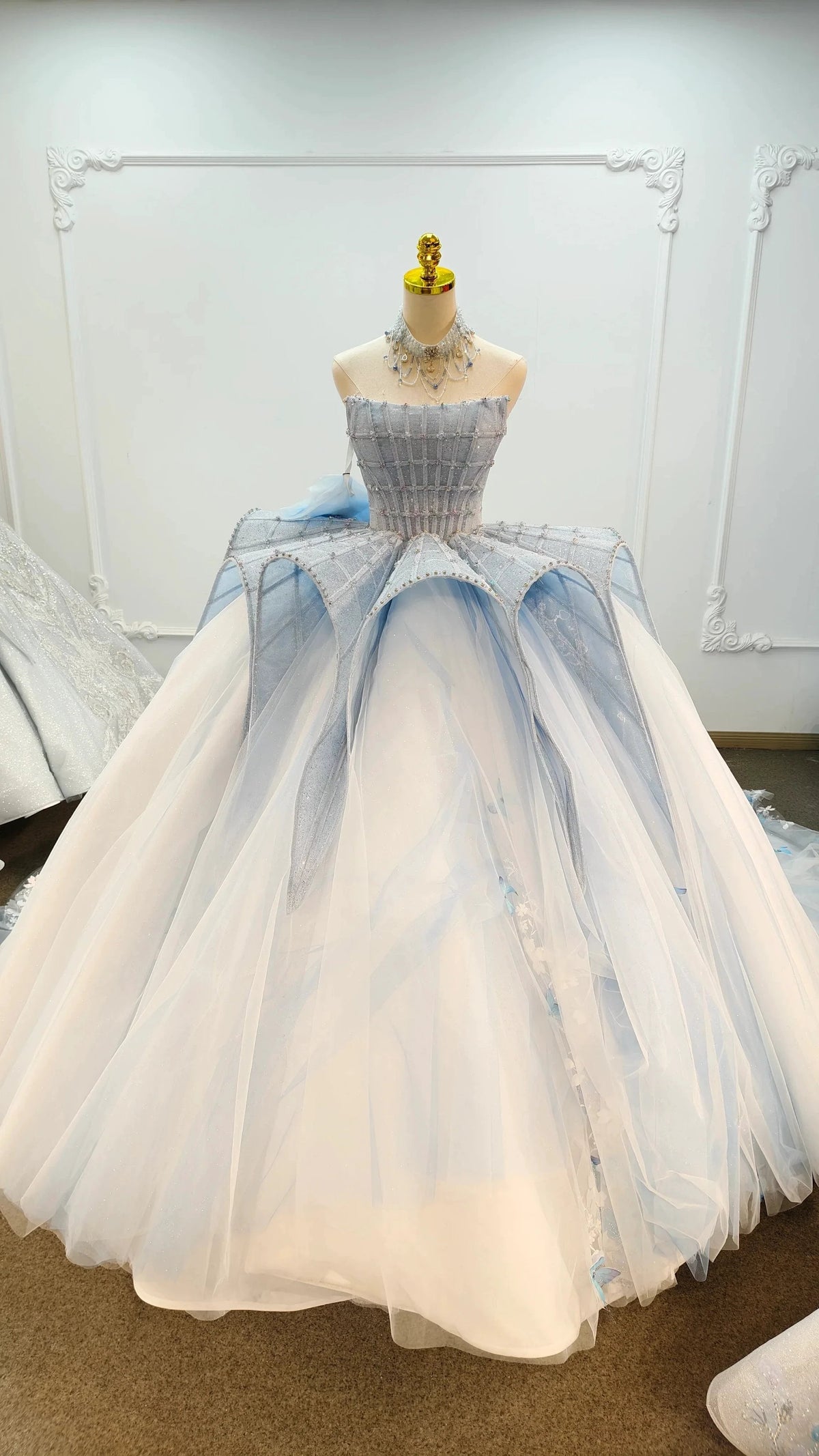 Enchanting Light Blue Ball Gown Strapless Beaded Mesh Wedding Dress with 3D Butterfly Accents Ye-2016 (ZD16793) - VelvetHem
