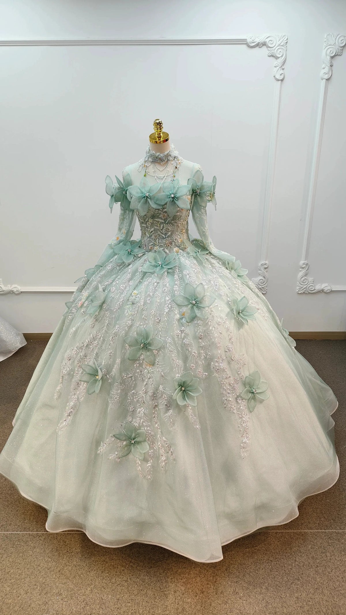 Fairy-Tale Mint Green High-Neck Ball Gown Wedding Dress with 3D Organza Flowers & Crystal Embroidery Ye-2025 (ZD16806) - VelvetHem