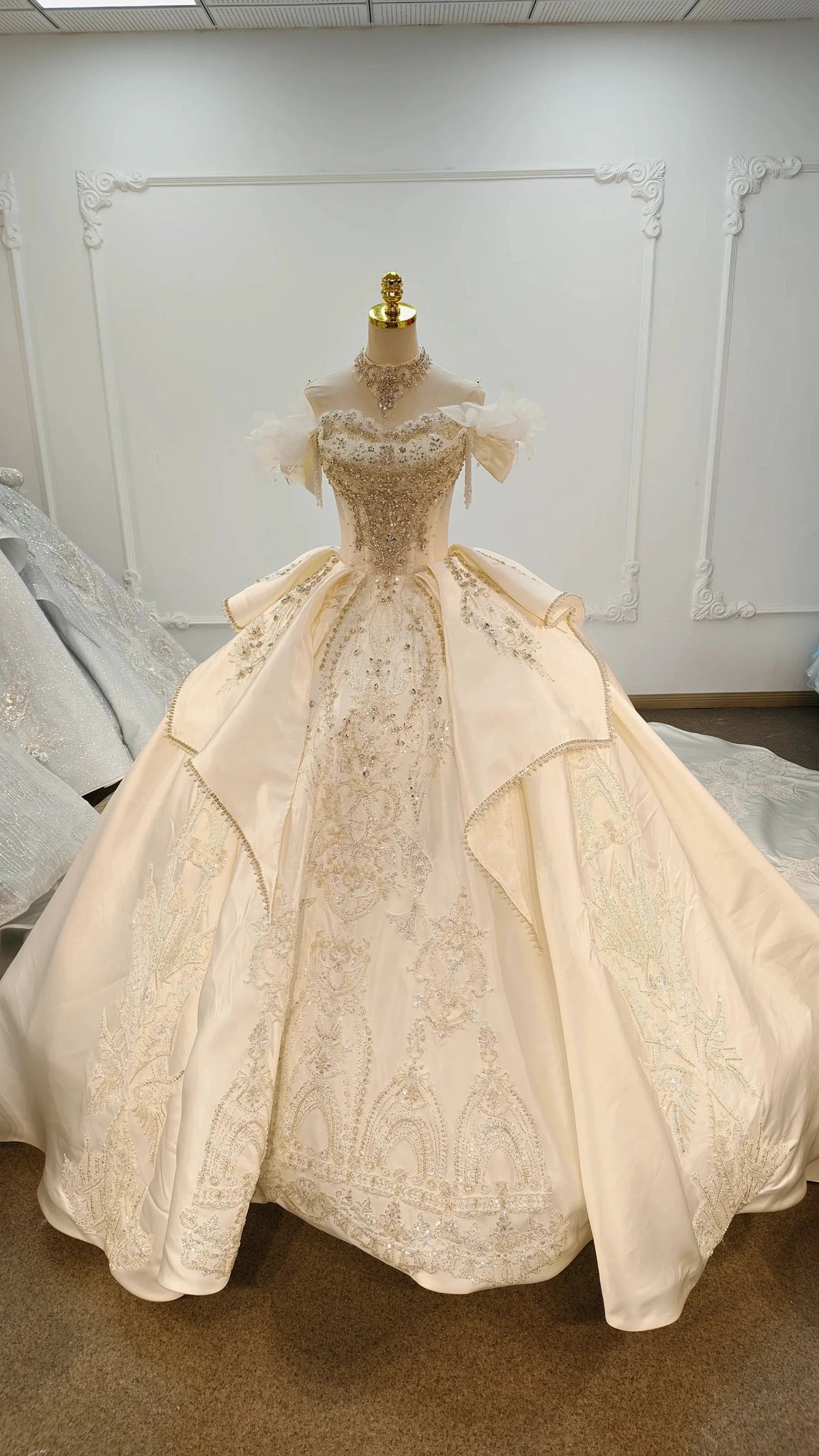 Champagne Glimmer Off-Shoulder Ballgown Crystal-Embroidered Skirt & Fringed Collar (ZD16787) - VelvetHem