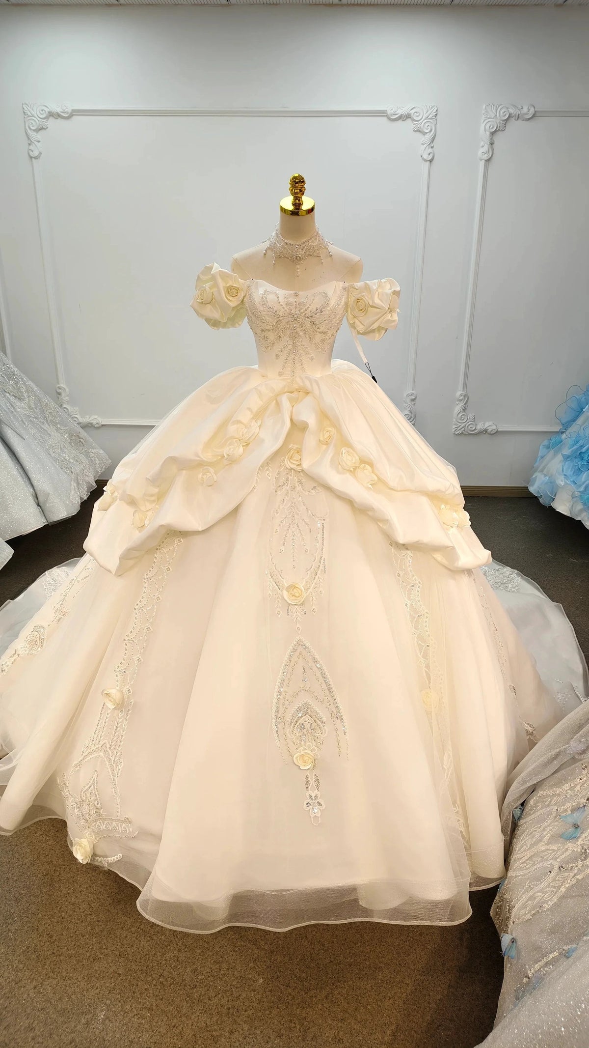 Ivory Rose Off-Shoulder Ballgown Beaded Bust & 3D Flower Skirt (ZD16785)