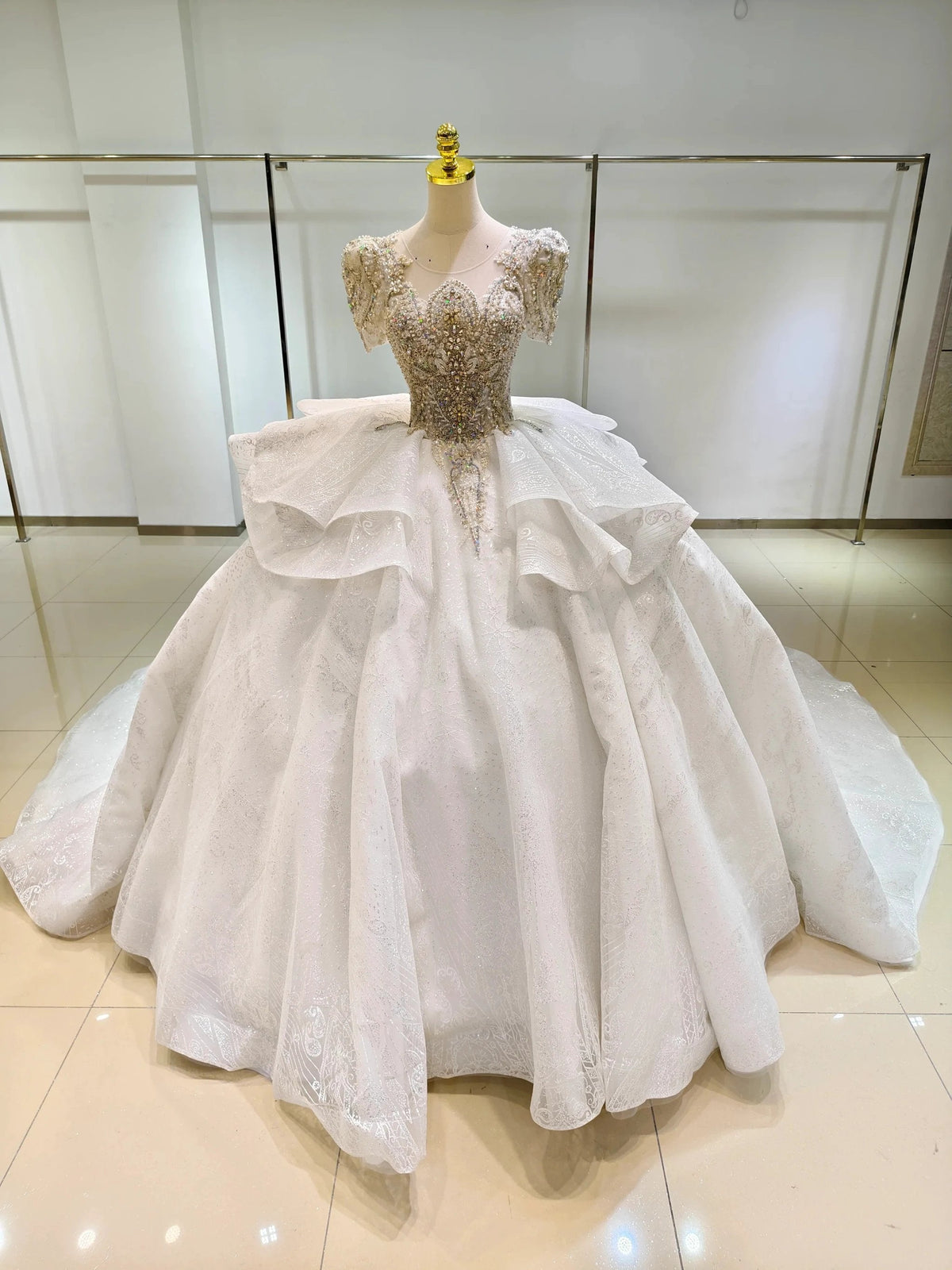 Silver Sparkle Cap-Sleeve Ballgown Beaded Bust & Bow Train (ZD16780) - VelvetHem