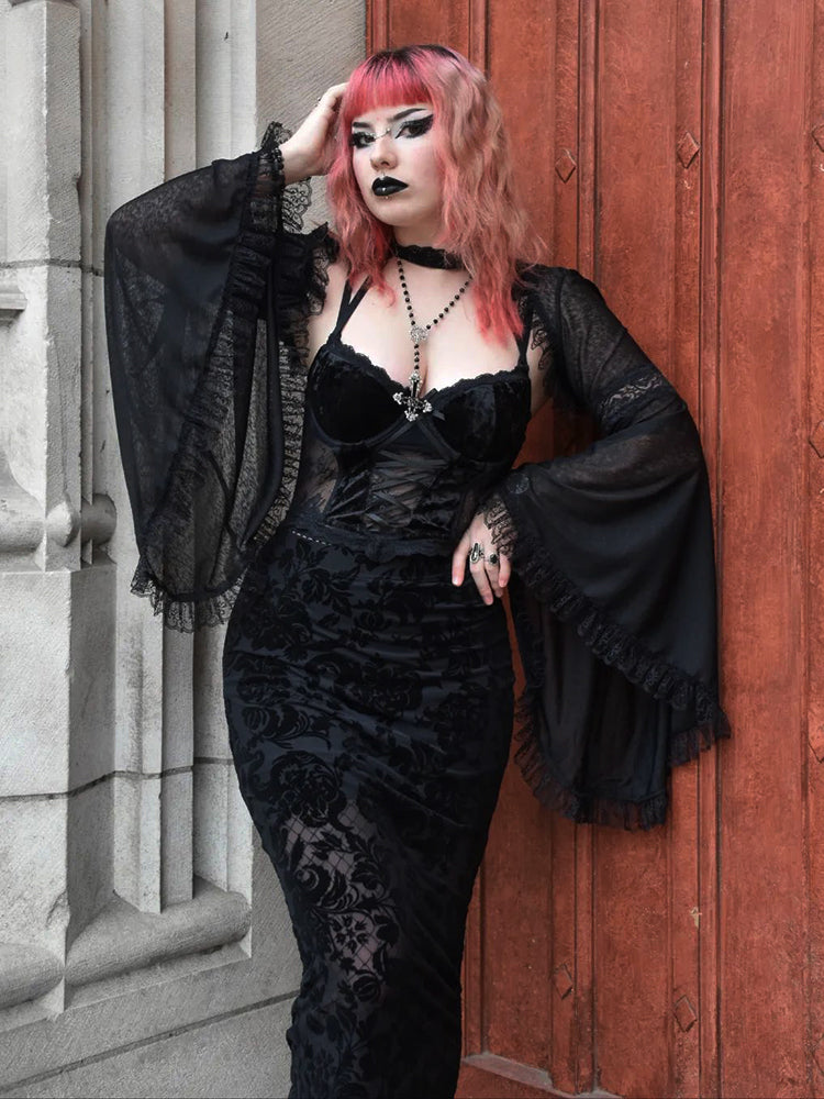Velvet Lace Corset Bandage Midi Gothic Harajuku Street Mesh Print Sling Club Dress - VelvetHem