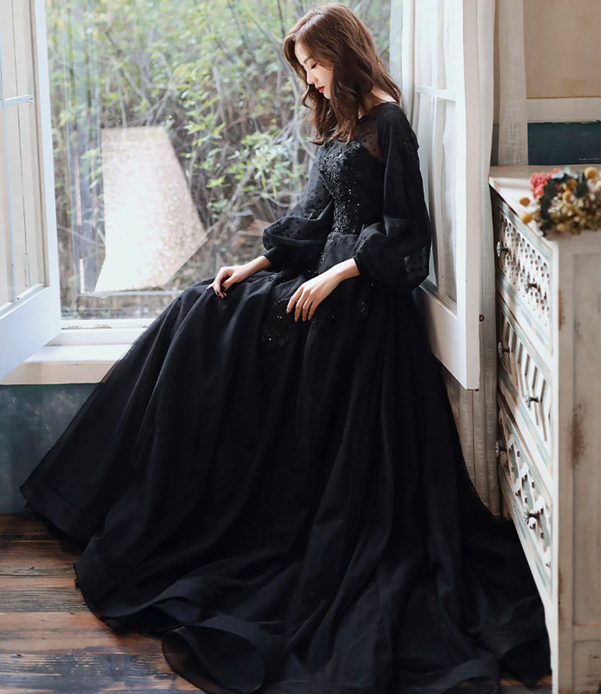 Black lace long prom dress A line evening gown Y1294