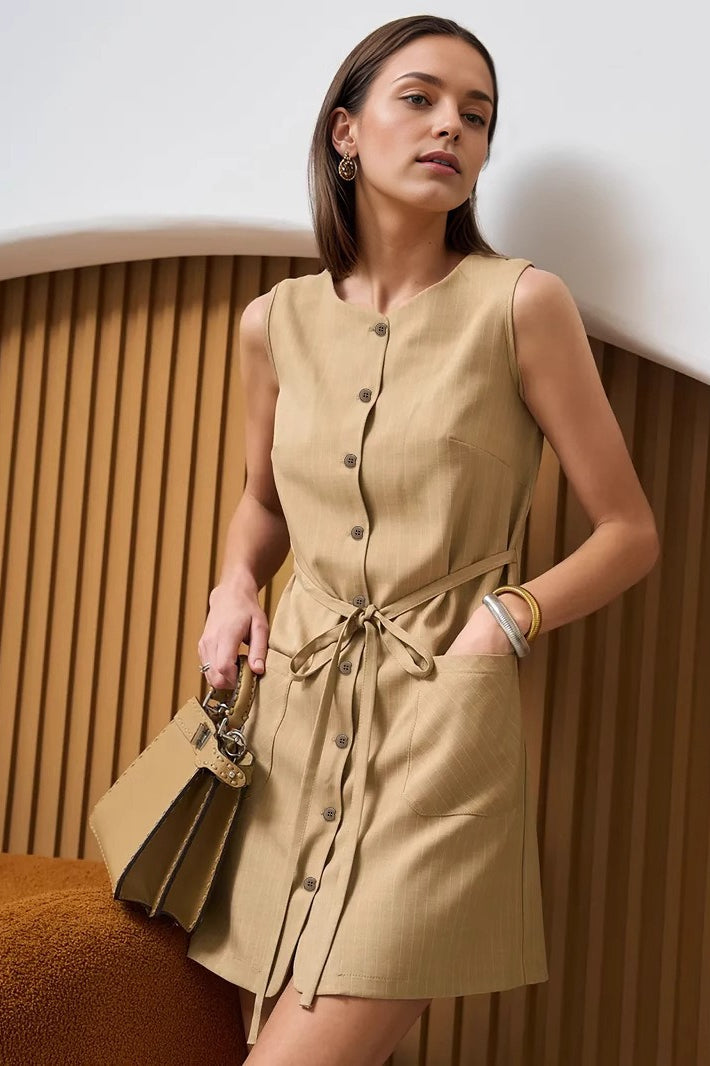 Sleeveless Button Front Tie Work Dress - VelvetHem