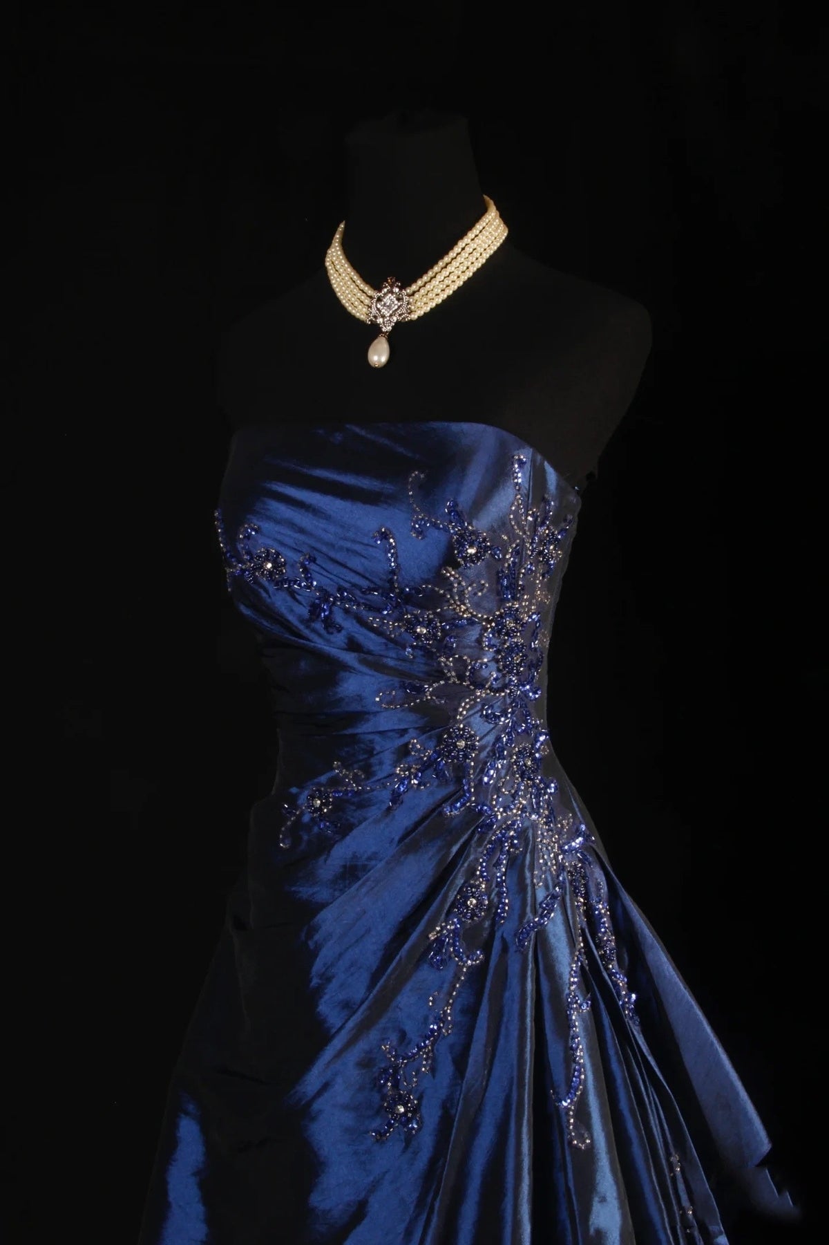 Vintage Ball Gown Strapless Navy Blue Satin Long Prom Dresses Party Dress - View 8 | VelvetHem