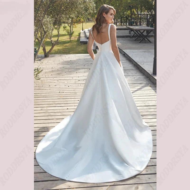 Civil V-Neck Wedding Dresses Square Collar Satin Bridal Gowns A-line Backless Buttons Bride Party Spaghetti Straps (ZD13514)