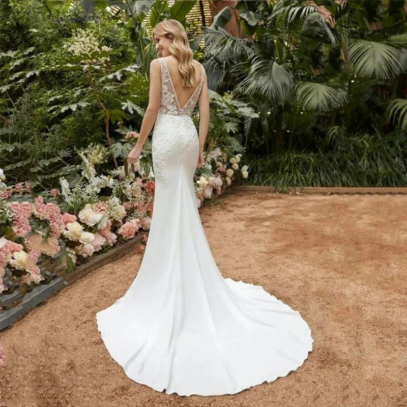 Sexy Lace Appliqued Wedding Dresses Princess Satin Mermaid Bridal Gowns For Bride Robe De Mariée Sweep Train Custom Made (ZD14168)