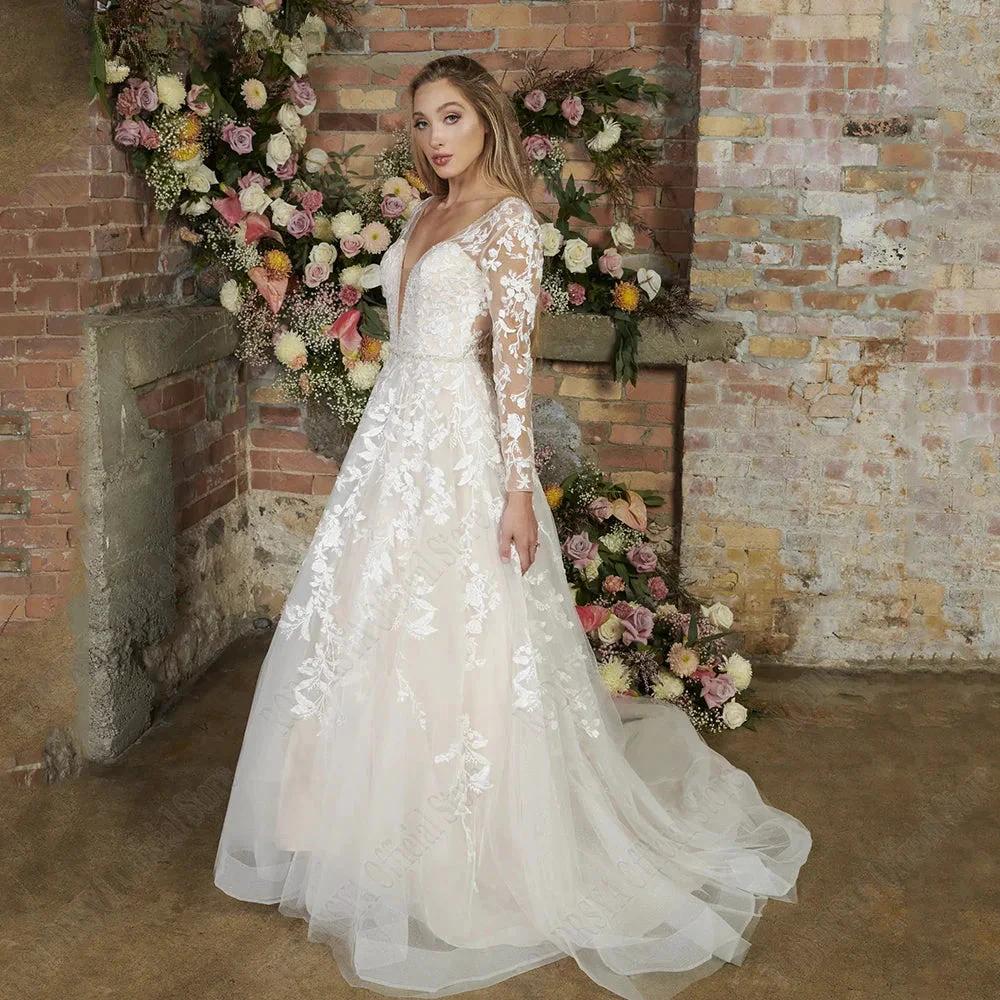 Light Champagne Modern Wedding Dresses Backless Applique Bride Gowns A-Line Tulle V-Neck Long Sleeves vestido de noiva (ZD13386) - VelvetHem