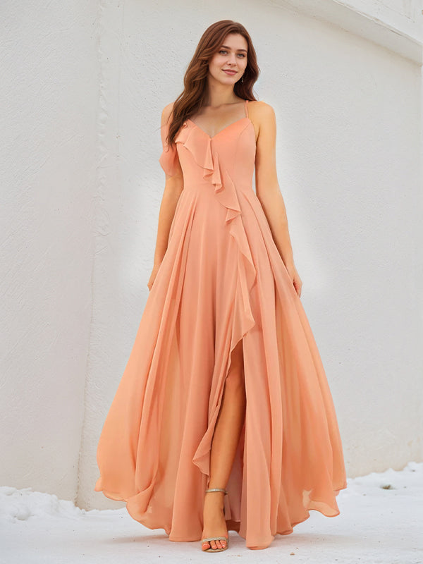 Orange Chiffon Spaghetti Straps Sleeveless Floor Length Dress With High Slit - VelvetHem