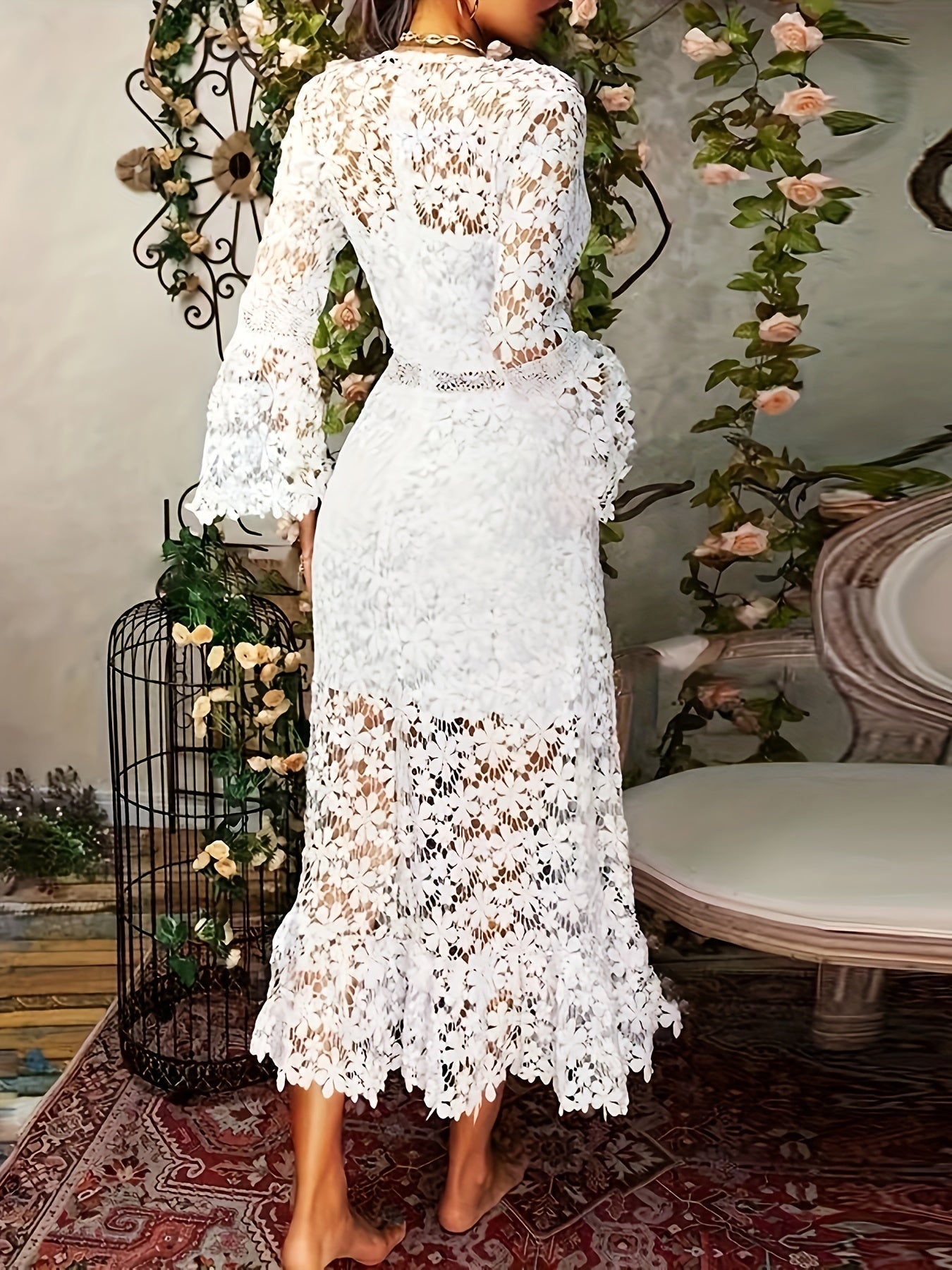 Alejandra Minimalist Cotton Guipure Lace V Neck Long Sleeves Aprons Cocktail Festive Dress for Women Evening Wear Edit