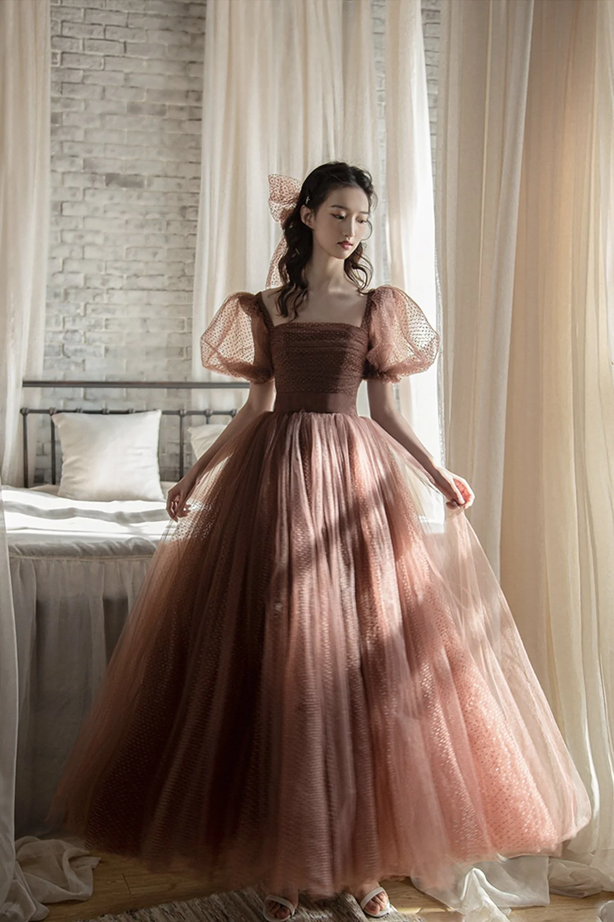 Cute tulle long A line prom dress evening dress - VelvetHem