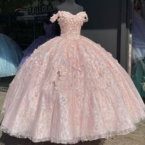 Pink Quinceanera Dresses 3D Flowers Off The Shoulder Sweet 15 Prom Ball Gowns - View 2 | VelvetHem