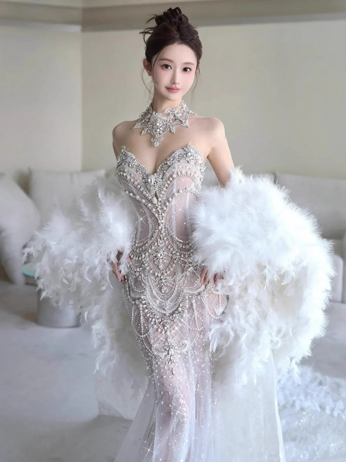 Elegant Silver-White Mermaid Sweetheart Neckline Pearl-Beaded Tulle Train Prom Dress Evening Dress