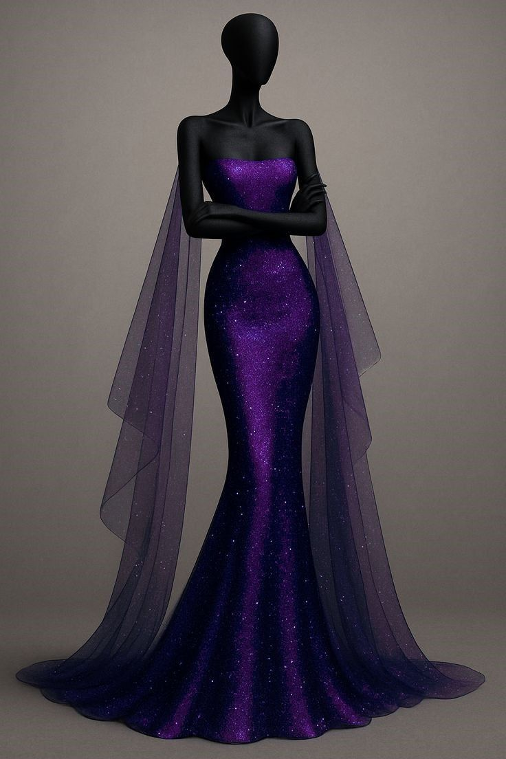 Shiny Royal Blue Strapless Satin Sequin Mermaid Evening Dress Long Party Dress