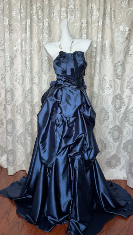 Retro Halter Navy Blue Satin Pleated Ball Gown Long Party Dress - View 2 | VelvetHem