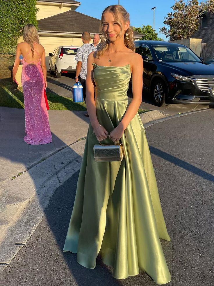 Sage Green Strapless Satin Pleated A-line Long Prom Dress Evening Gown Y7905 - VelvetHem