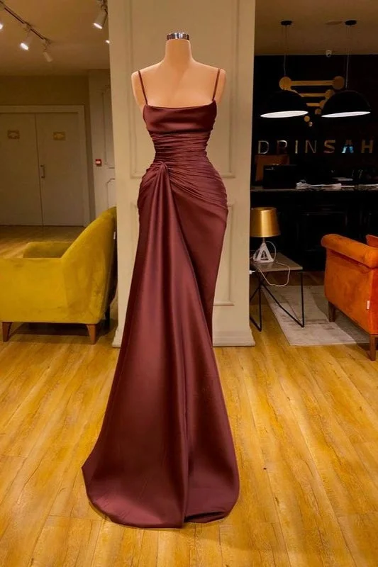 Charming Burgundy Spaghetti Straps Pleated Mermaid Prom Dress Long Evening 6868 - VelvetHem