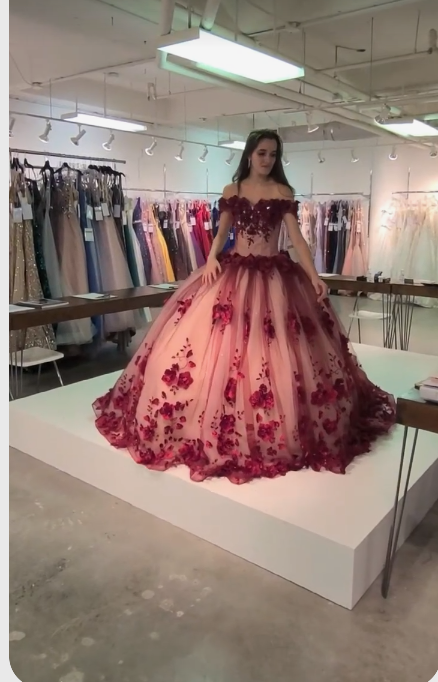 Red tulle flower strapless off the shoulder long train prom ball gown Sweet 16 Dress - VelvetHem