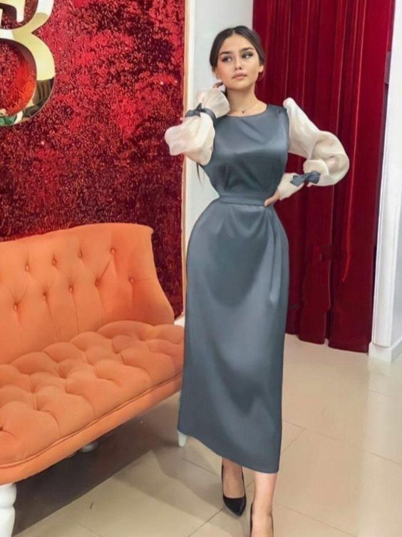 Simple Puff Sleeves Sheath Prom Dress - VelvetHem