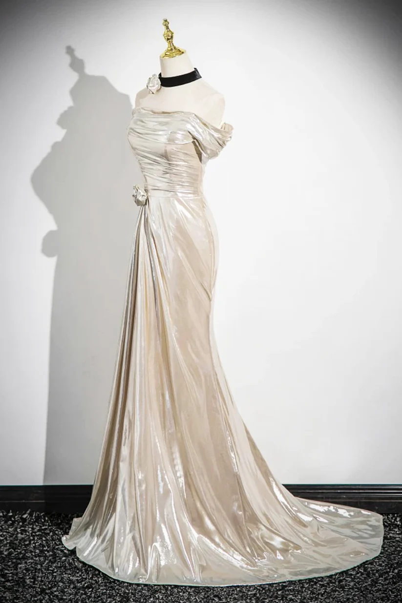Champagne Off The Shoulder Satin Party Dress, Elegant Mermaid Evening Dress