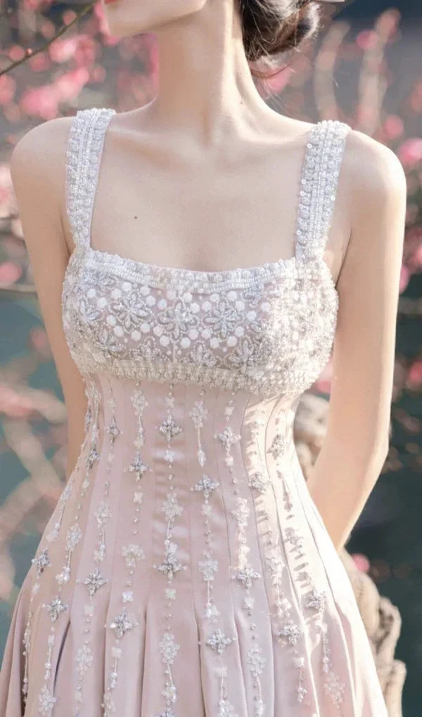 Luxury nude satin hand-beaded diamond homecoming dress (ZD12643)