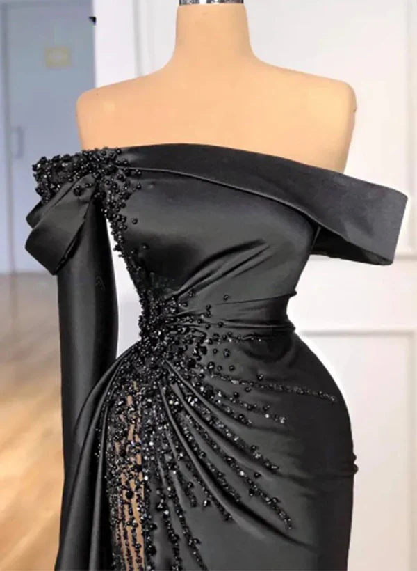 Fashion Black Beaded Satin Sheath Prom Dress Off The Shoulder Long Evening Dress Y8030