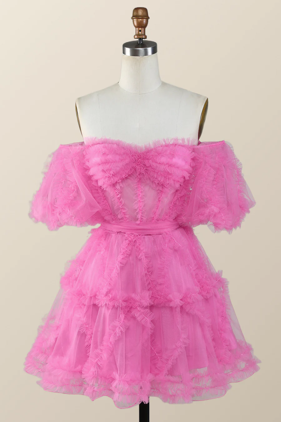 Off the Shoulder Hot Pink Ruffles Short A-line Homecoming Dress Y2783 - VelvetHem