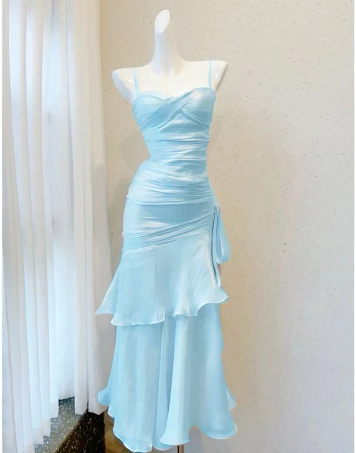 Elegant Blue Mermaid Layered Evening Dress Spaghetti Straps Prom Dress Y8066 - VelvetHem