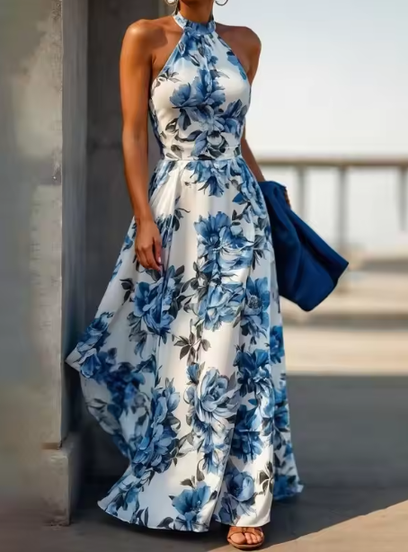 New Arrive Sleeveless Satin Floral Print Halter Neck A Line Evening Dress Blue Prom Dress Y8480 - VelvetHem