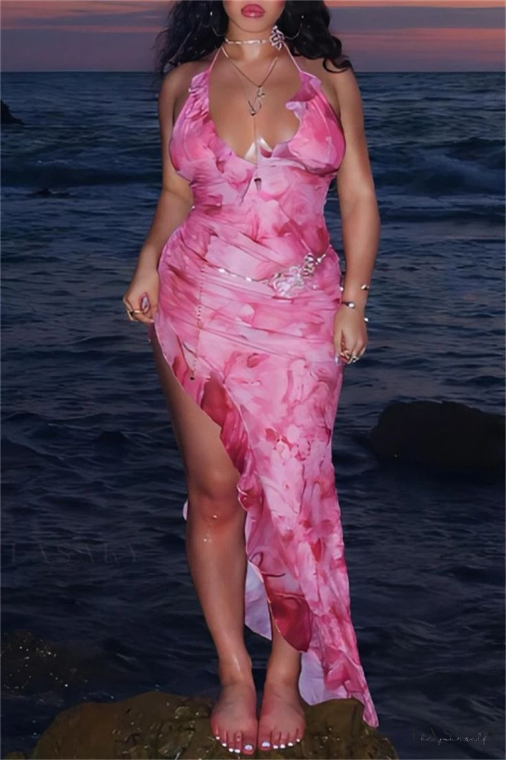 Pink Halter Chiffon Print Ruffles Evening Dress Side Slit Prom Dress Y8256 - VelvetHem