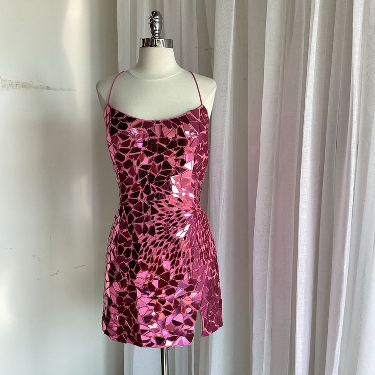 Gorgeous Spaghetti Straps Pink Sequin Sheath Short Cocktail Dress Formal Graduation Homecoming Dress - VelvetHem