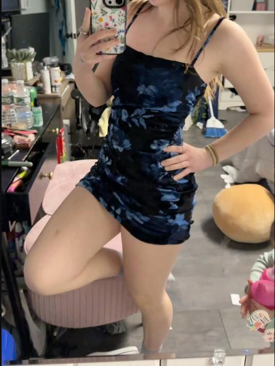 Chic Spaghetti Straps Navy Blue Satin Print Floral Sheath Short Cocktail Dress Homecoming Dress - VelvetHem