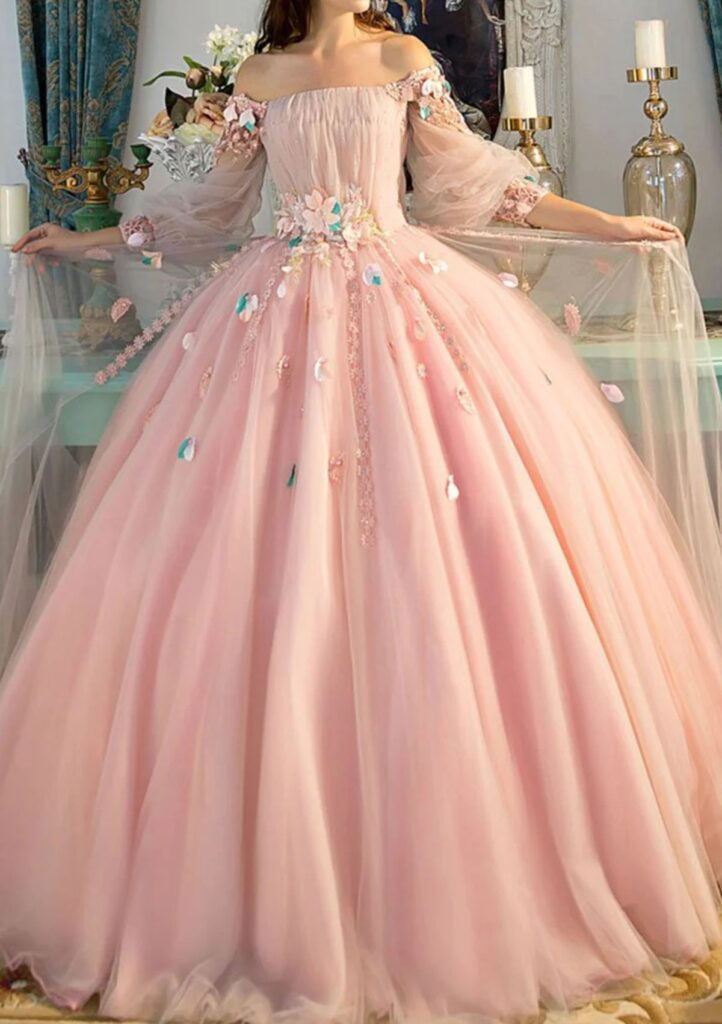 Pink Off The Shoulder Tulle Appliques Formal Prom Dress,Sweet Birthday Ball Gown - VelvetHem