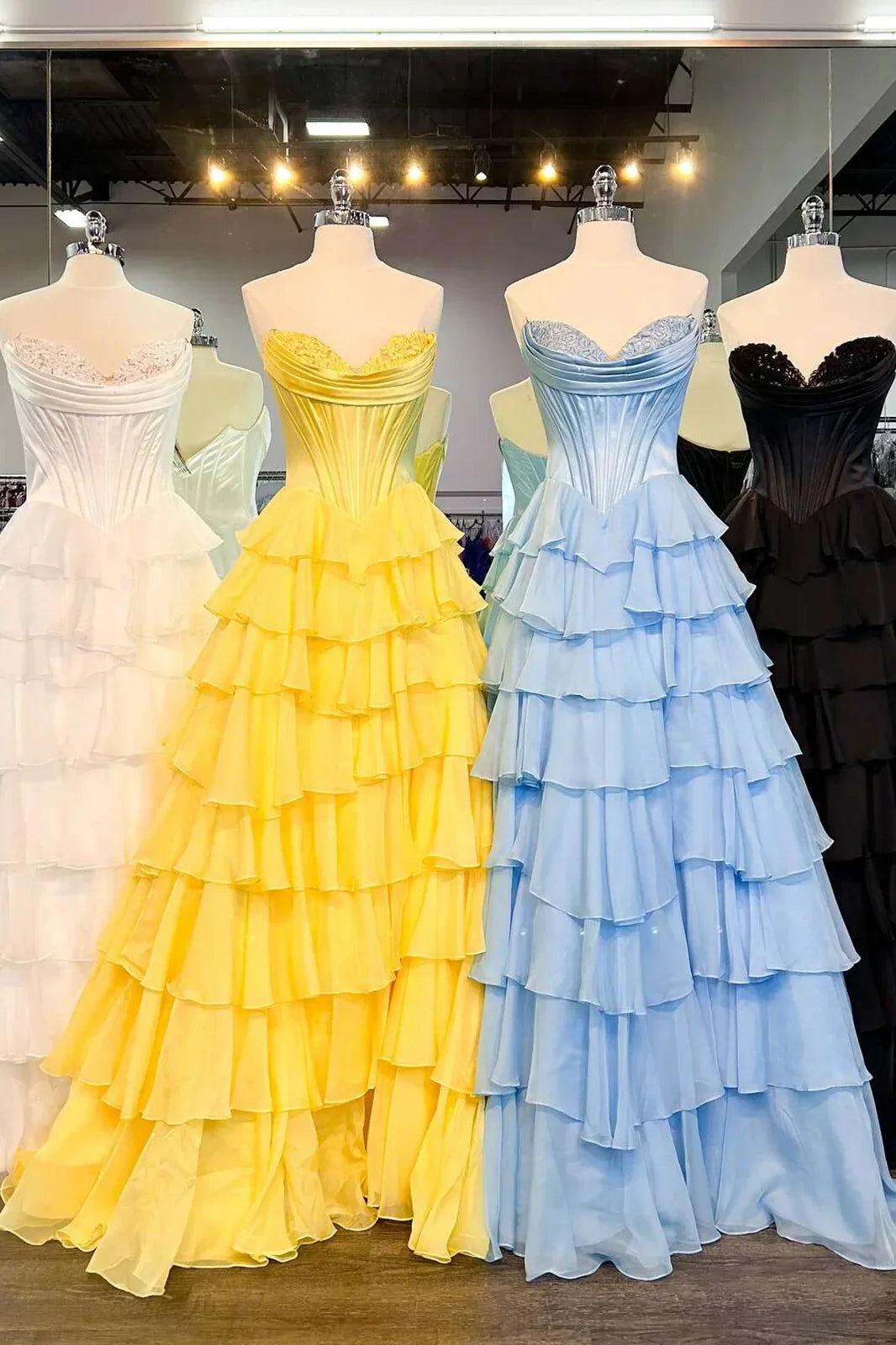 Stunning A-Line Sweetheart Satin Top Long Tiered Chiffon Prom Dress with Slit