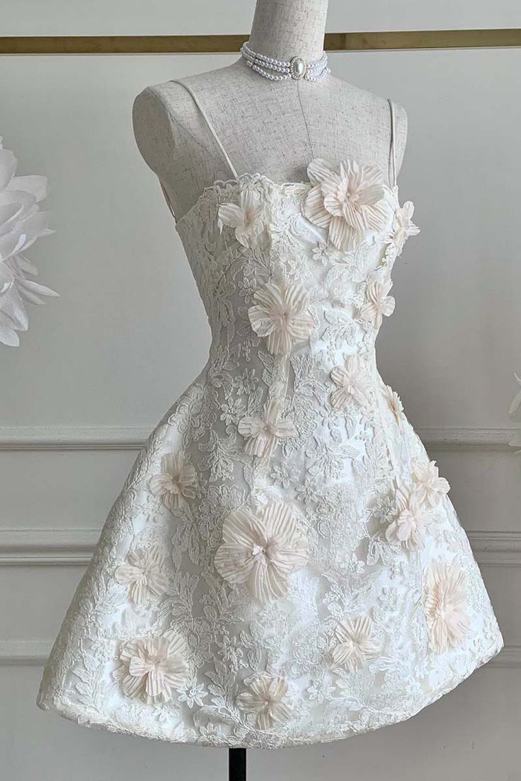 Classy Spaghetti Straps White Lace Appliques A Line Homecoming Dress Short Birthday Outfits