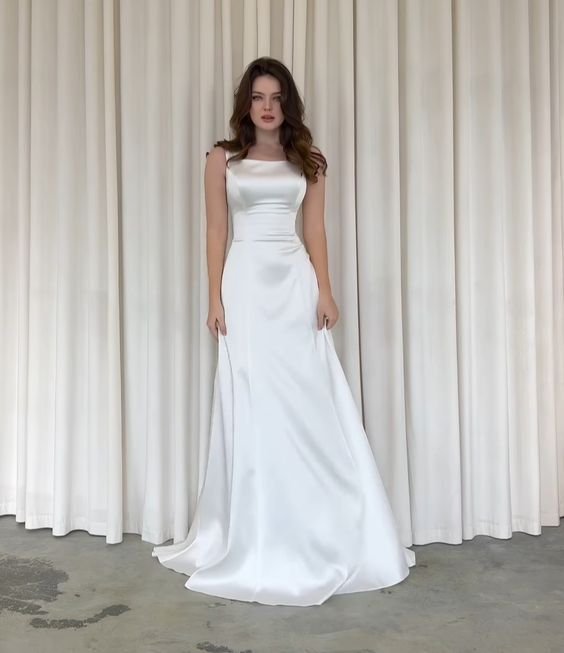 Classic White Satin A-line Wedding Dress,White Bridal Dress - VelvetHem