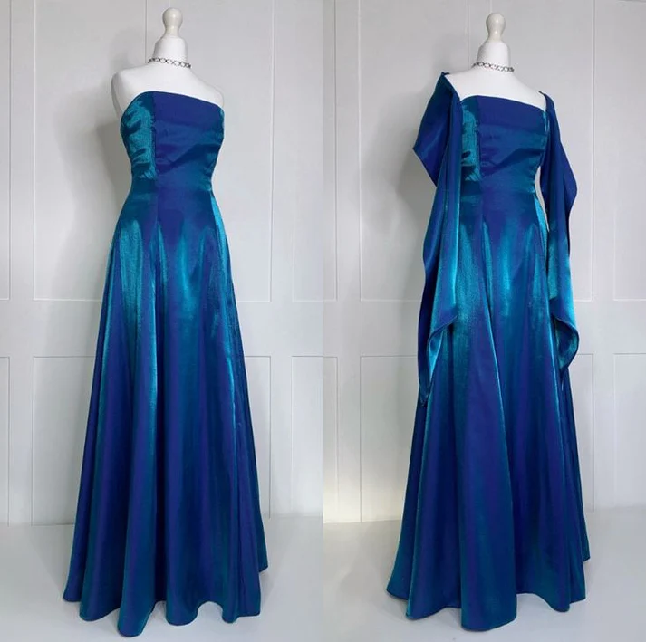 Unique Blue Strapless Satin A Line Prom Evening Dress Y8072 - VelvetHem
