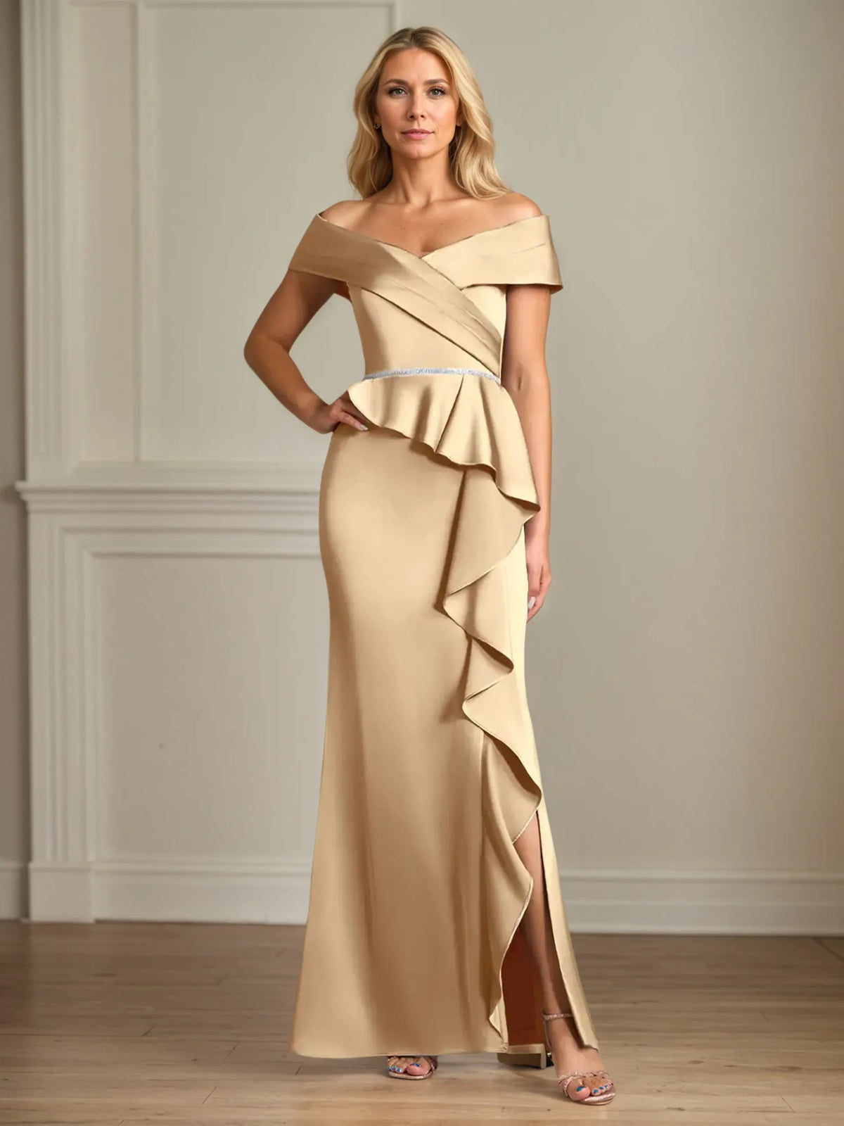 Trumpet/Mermaid Off the Shoulder Floor Length Satin Mother Of the Bride Dress With Ruffles - VelvetHem