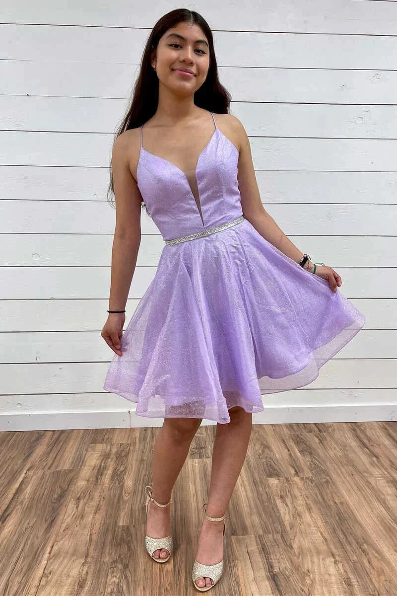 A-Line Lavender Plunge V Short Homecoming Dress (ZD12450) - VelvetHem